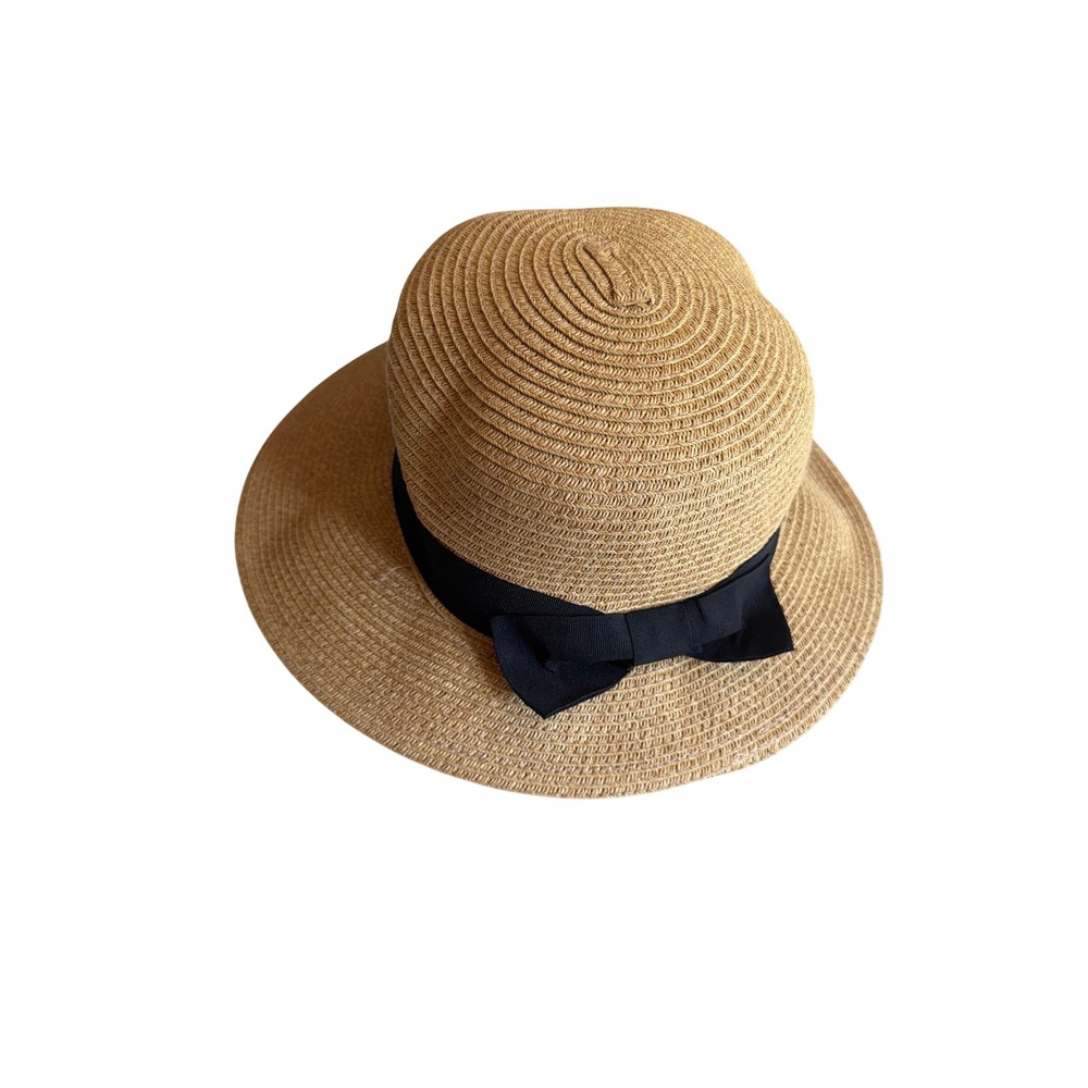 Nine West Sun Hat Tan Paper Straw Wide Brim Black Ribbon Bow Floppy Cloche O/S - Picture 2 of 5